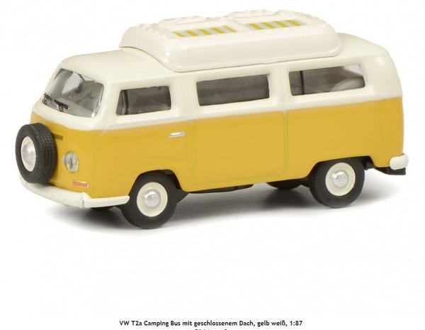 Schuco 452644400 VW T2a Camping Bus mit geschlossenem Dach, gelb weiß, 1:87